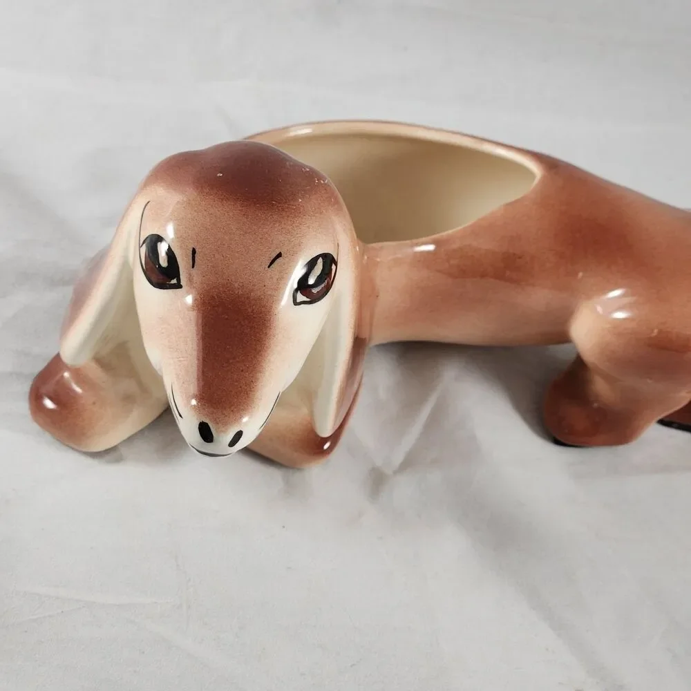 Vtg Mid Century Brown Porcelain Dachshund Planter Dog MCM Ceramic 8